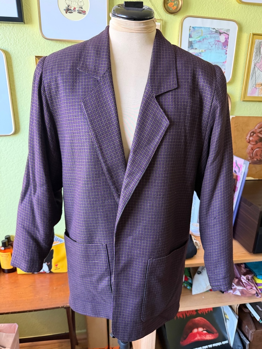 Vintage 80s/90s Paul Stanley Petites Purple Plum Micro Check Blazer, Open Front